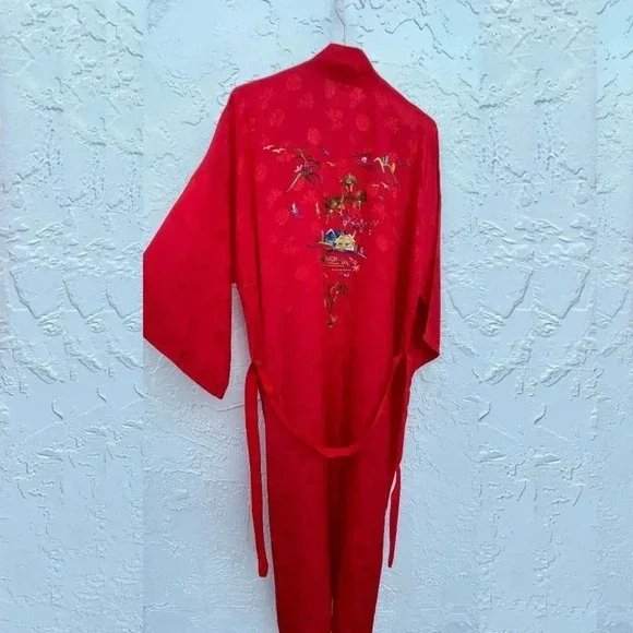 Golden Bee Womens Vintage Embroidered Floral Long Sleeve Robe Red Sz Large - Picture 4 of 11